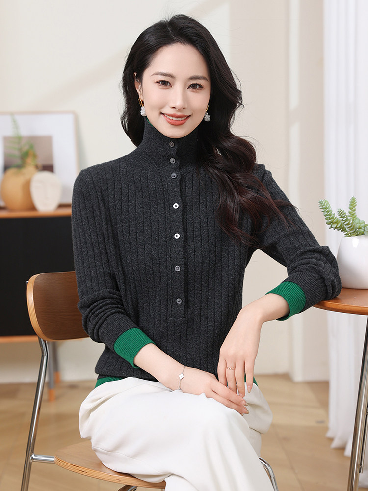 现货bao现货2025春秋双层领毛衣女士套头长袖纯羊毛打底针织衬衫,商品下架区,韩然一族