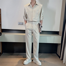 夏季轻熟风高级感冰丝休闲短袖衬衫长裤两件套痞帅套装TZ226-P125，男装T恤，电商B267