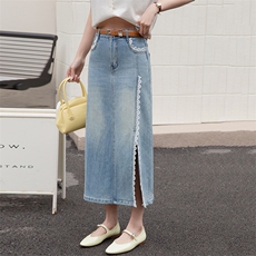 高腰蕾丝花边开叉牛仔半身裙女2025春季新款百搭设计感显瘦直筒裙，女装半身裙，跑量工厂店