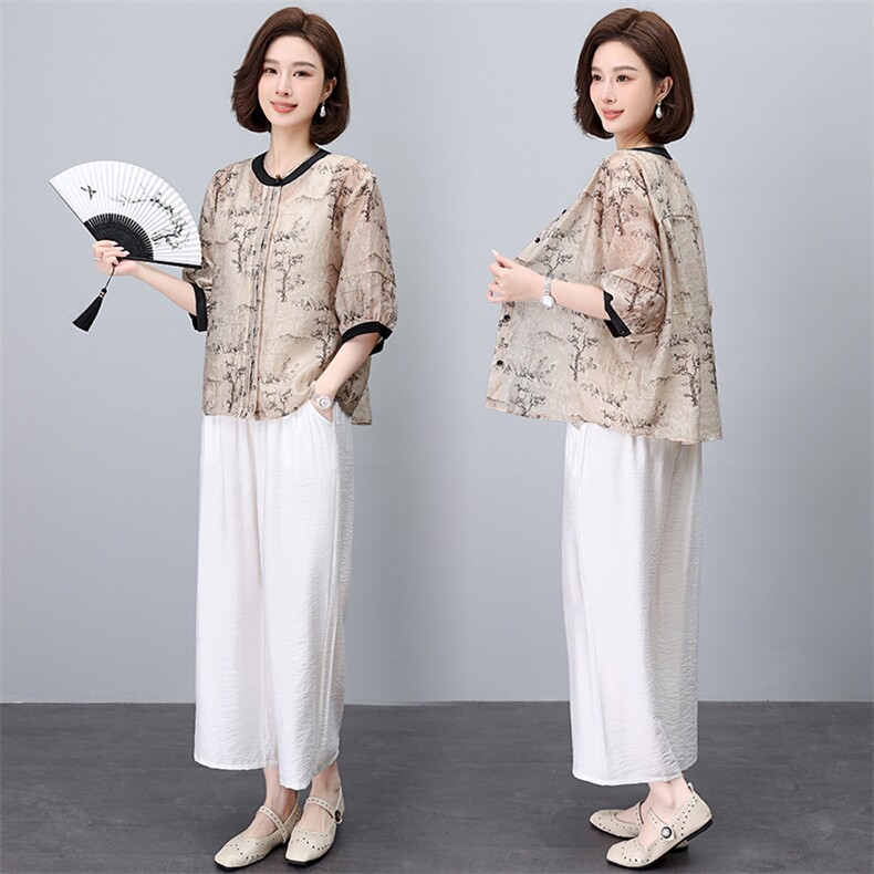 新中式国风棉麻套装女2025夏季新款高端气质苎麻衬衫阔腿裤两件套，女装套装/套裙，鑫鑫格