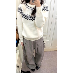 重磅秋冬装北极绒套头毛衣美式复古休闲慵懒风提花工艺针织衫外套图片