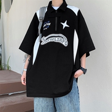现货新款冰丝网眼短袖Polo衫男日系宽松翻领半拉链T恤T1144-P32，男装T恤，星座512-2