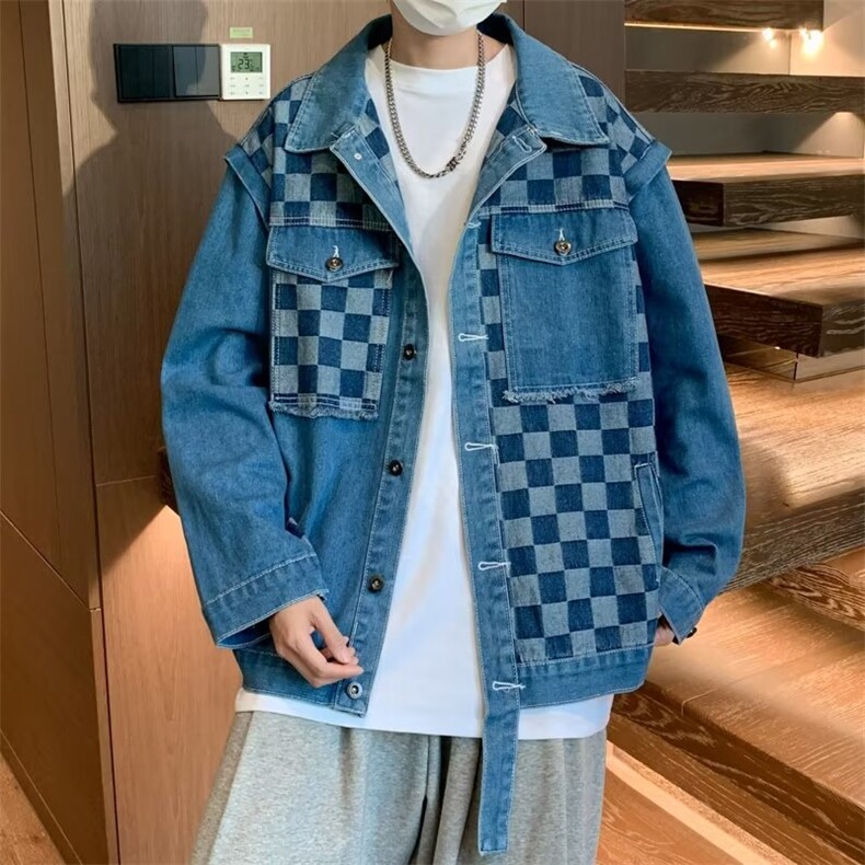水洗牛仔外套女设计感小众棋盘格拼接棒球服J2117P60图片