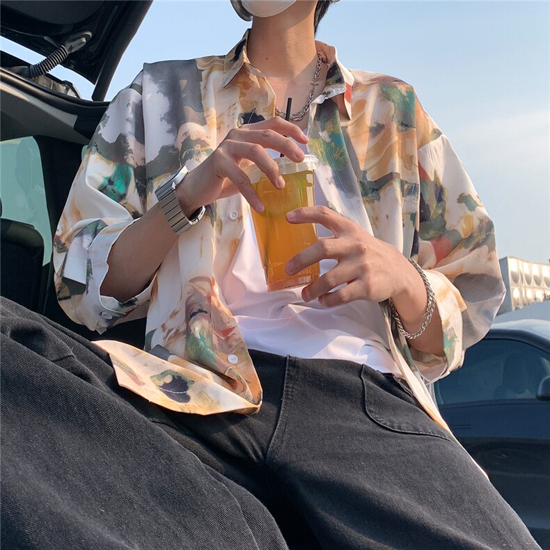 2026夏休闲水墨画冰丝凉感短袖五分袖半袖衬衫CS29/特P30卡其,男装T恤,电商A094