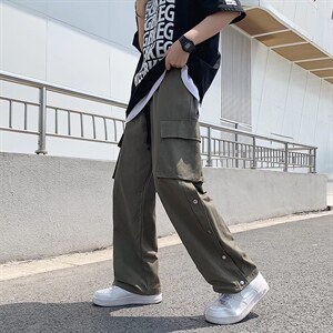 潮牌ins高街直筒长裤日系排扣工装裤夏季男宽松阔腿裤 K3370-P35图片