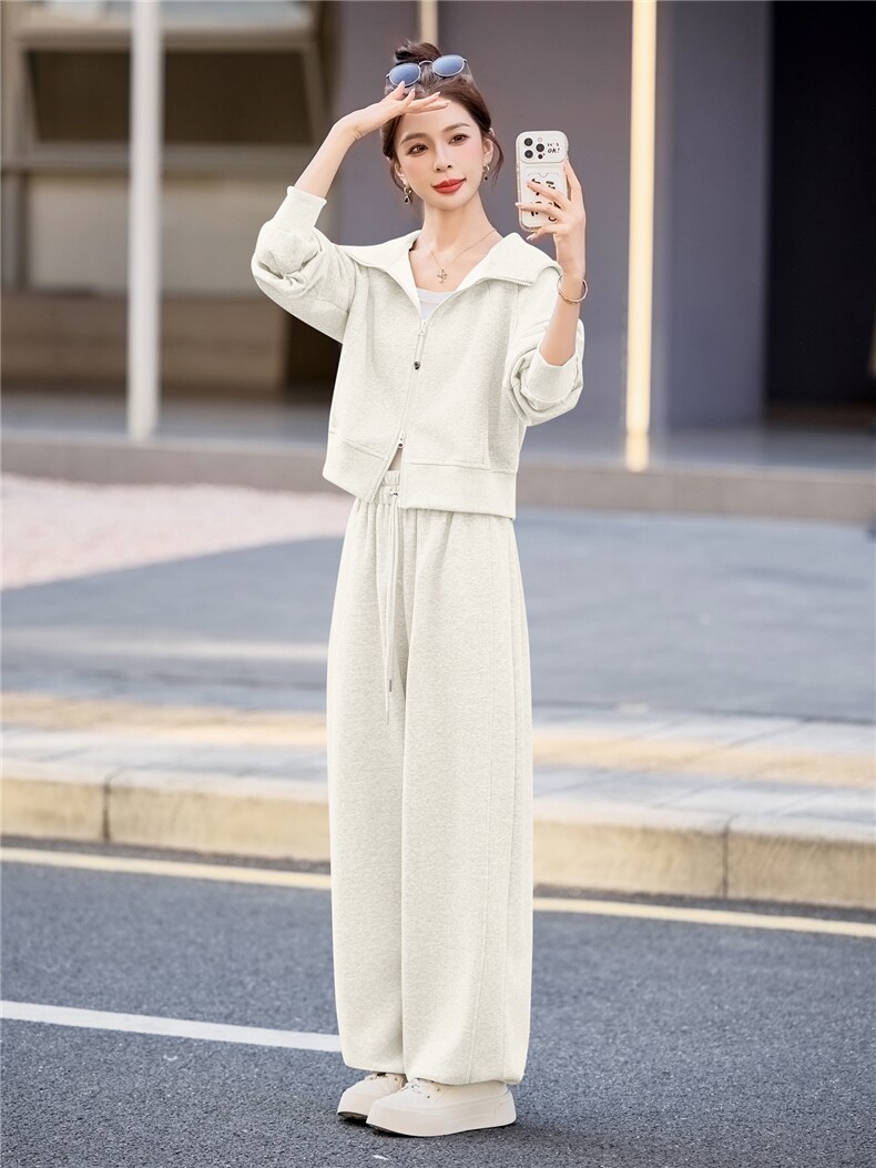 2026年春季两件套拉链修身长裤长袖休闲风两件套套装套裤,女装套装/套裙,微微衣阁