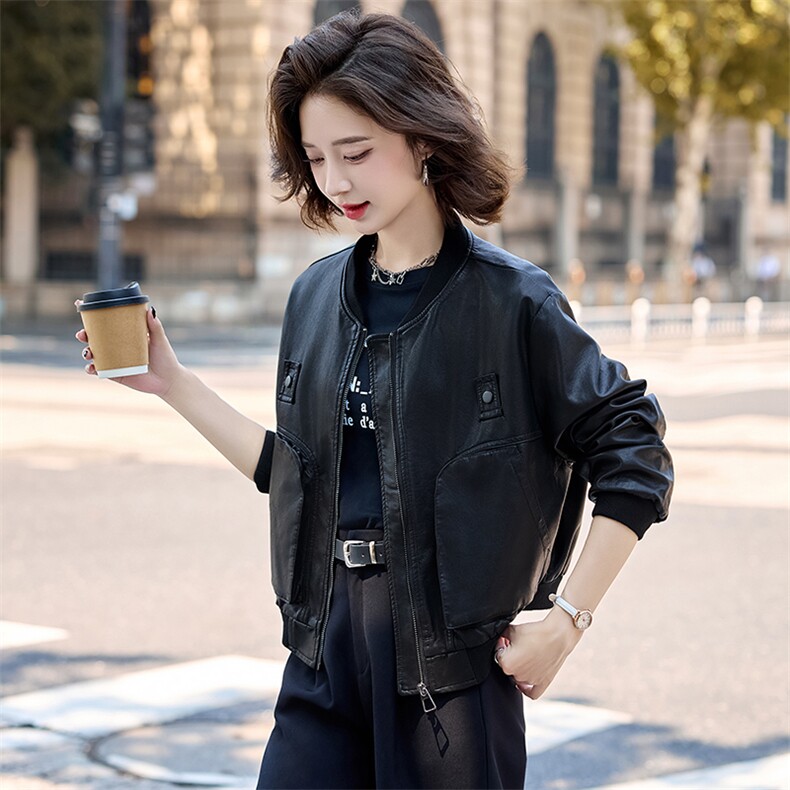 小个子皮衣外套女棒球服上衣春秋款时尚高级感港风复古显瘦皮夹克,女装皮衣,臻衣坊