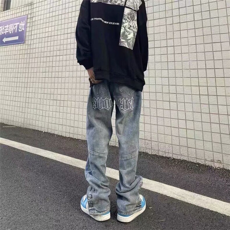 美式高街字母刺绣牛仔裤男vibe街头嘻哈风潮牌纽扣开叉宽松阔腿裤,男装牛仔裤,星座506A