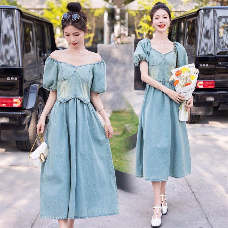 2023时尚简约大方气质优雅收腰显瘦休闲修身百搭潮流牛仔连衣裙，女装连衣裙，韩蜜菓