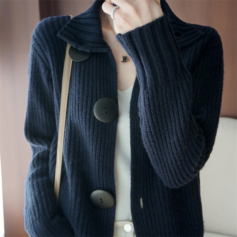 重工加厚纯羊毛开衫秋季毛衣外套女宽松短款针织外搭羊绒上衣藏蓝，女装羊毛衫，总能电商供货