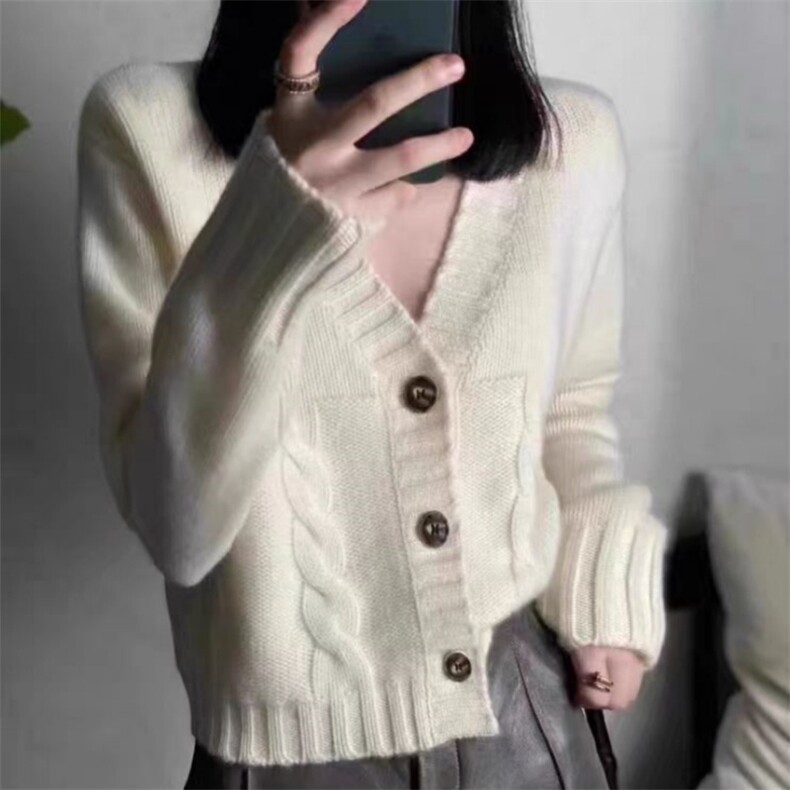 秋冬季羊毛绞花短款时尚复古休闲羊毛开衫外套,女装羊毛衫,锦瑟羊绒
