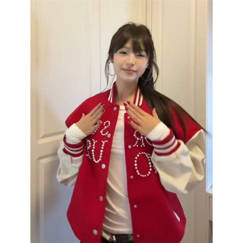 【现货】DW1013-P95美式街头撞色珍珠宽松百搭棒球服夹克外套女潮,男装夹克,星座603-2