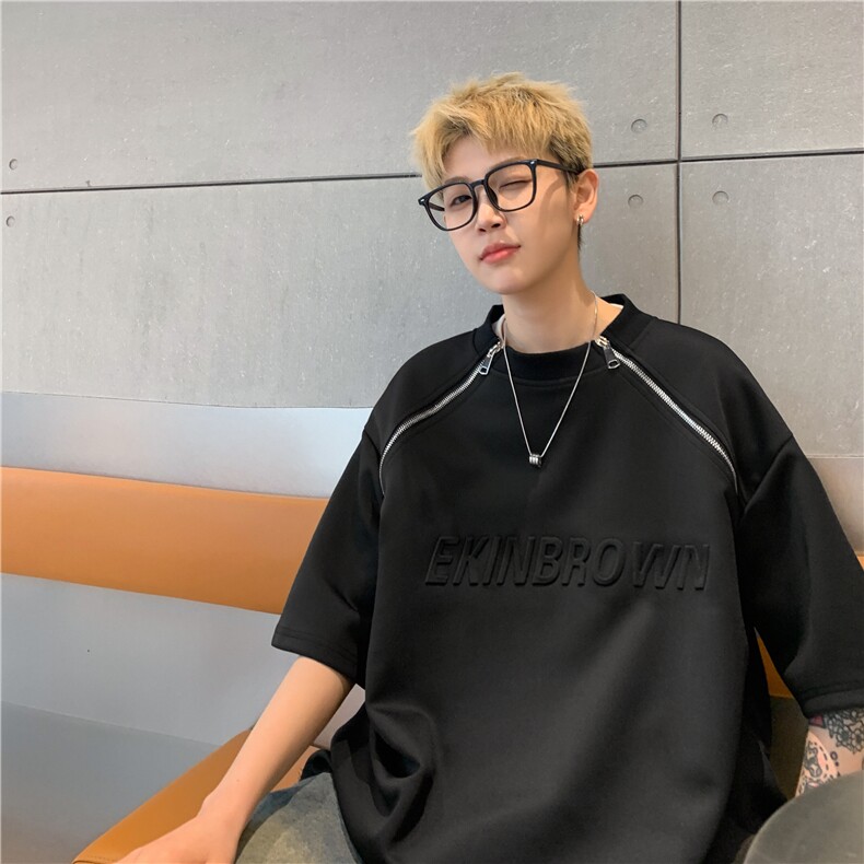 港风双则金属拉链钢印潮流短袖T恤男DT77788P45控59：供抖音视频,男装T恤,星座227-7