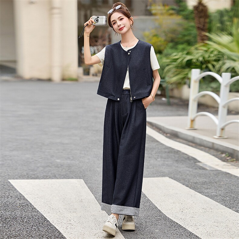 时尚条纹拼接休闲套装女2025夏新款洋气休闲马甲阔腿裤搭配一整套,女装套装/套裙,美沁
