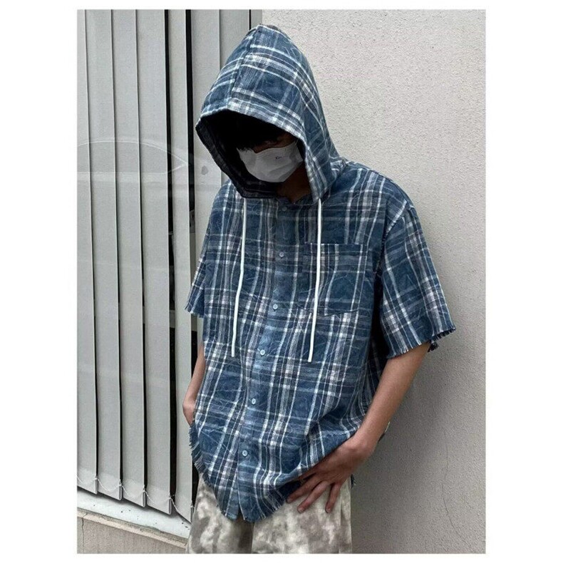 格子短袖衬衫男夏季日系复古宽松休闲五分袖衬衣美式高街潮牌外套图片