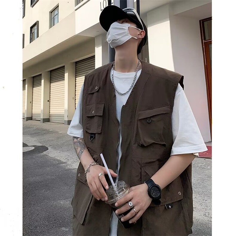 潮流马甲V领青春流行百搭拼接日系多口袋背心G369P52图片