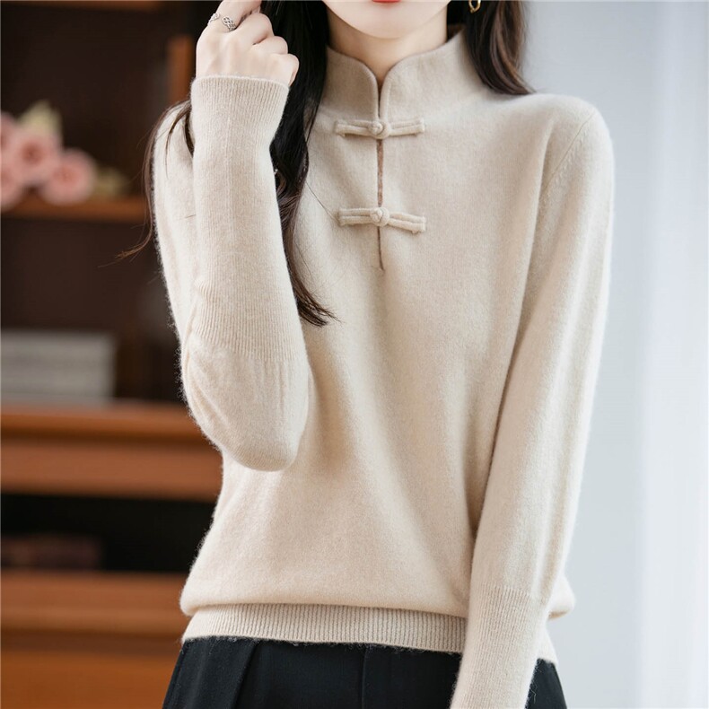 2025年秋季通勤套头中式竖俩扣短款羊毛衫，女装羊毛衫，绒汀羊绒