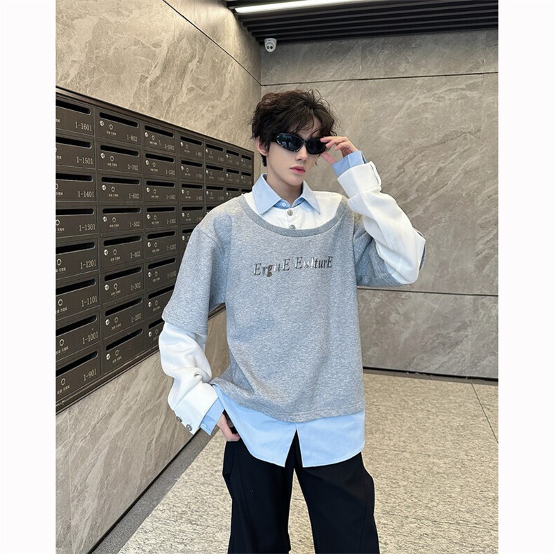 现货25春秋男士垫肩假三件叠穿效果衬衫套头卫衣wy50-p98,男装卫衣,电商B288