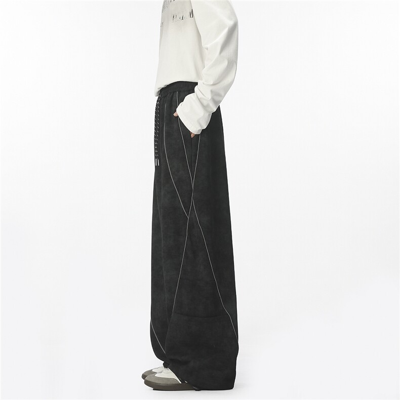 拼接反光条设计阔腿弯刀直筒裤大码M-5XL潮牌卫裤WK78065P68控108，男装休闲裤，星座226-1