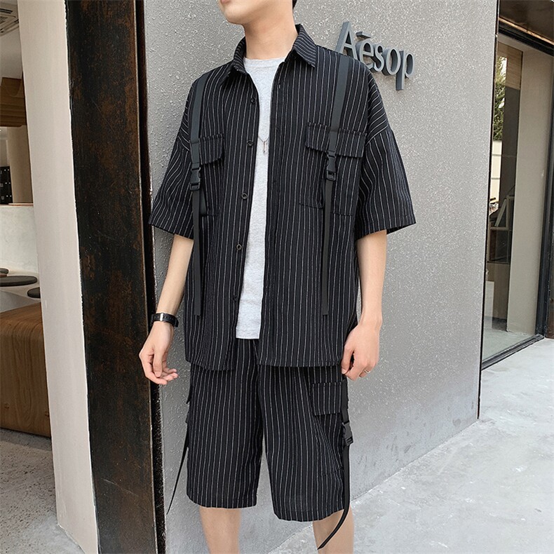 条纹休闲套装男2021夏季新款潮流短袖衬衫两件套DS775TP65,男装衬衫,电商A102