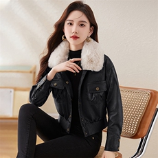 女士加绒皮衣2023冬季新款气质小个子短款复古机车服pu皮夹克外套，女装棉衣/棉服，江南女神