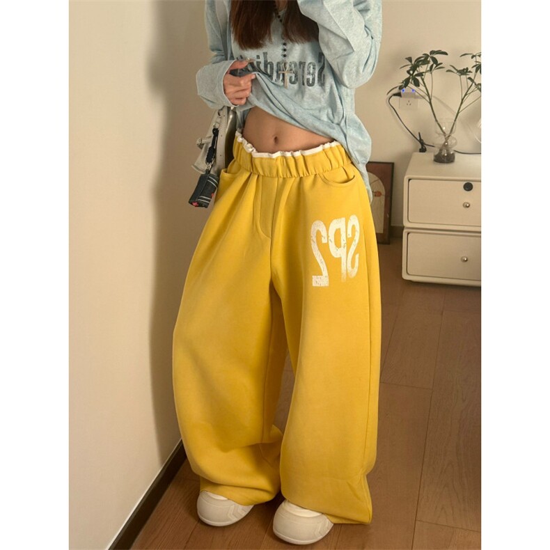 布零零香蕉黄美式复古休闲运动裤子女宽松阔腿hiphop直筒卫裤,男装休闲裤,星座516A