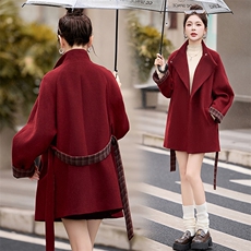 米色拼接格子毛呢外套女秋冬2025新款韩版小个子气质显瘦呢子大衣，女装羊绒大衣，尚娜萱