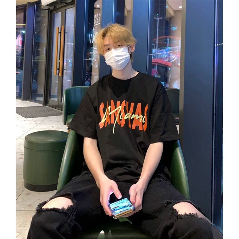 抖音得物 210克现货宽松纯棉美式潮牌印花落肩袖纯棉T恤AT21117图片