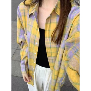 韩版复古黄色格子长袖衬衫女春夏百搭休闲显白宽松上衣 CA270图片