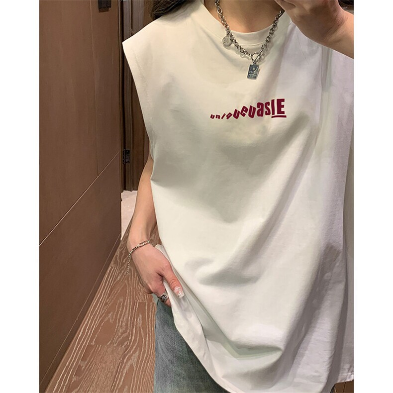 日系男女同款宽松无袖坎肩上衣休闲简约印花设计短袖HY790TP16,男装T恤,电商A102B