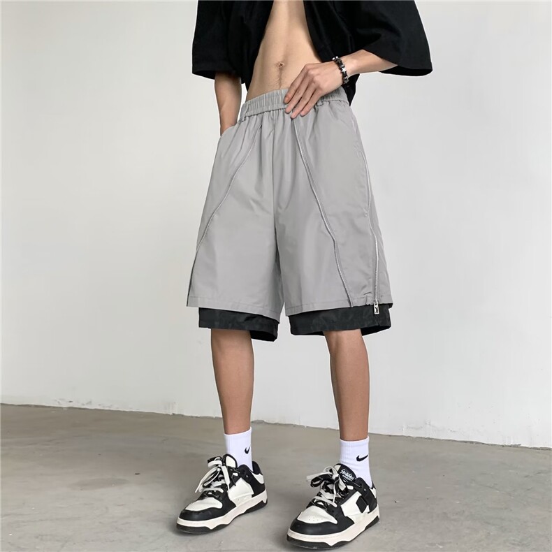 美式机能风拉链设计短裤男夏季假两件冲锋裤P38,男装休闲裤,星座1116-2