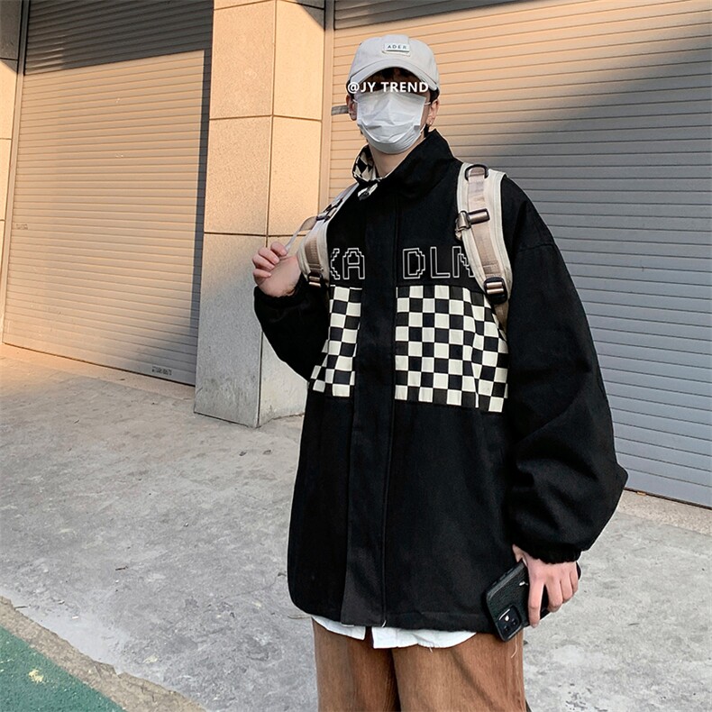 春秋季新款格子拼接立领夹克潮牌宽松休闲百搭夹克外套,男装夹克,星座410-7
