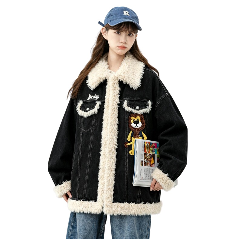 25冬羊羔绒拼接翻领牛仔女卡通绣花宽松加棉外套705-1-M9881-P118,女装短外套,星座705-1