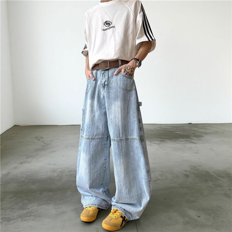 阔腿牛仔裤男款2025夏季新款美式印花弯刀裤宽松痞帅直筒长裤子,男装牛仔裤,电商A306-2