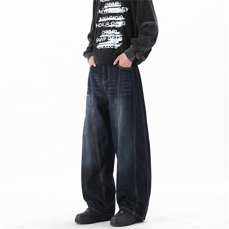 A429-K7128特批50蓝灰色弯刀结构阔腿牛仔裤棉60聚酯纤维40，男装牛仔裤，电商A429