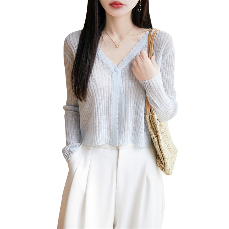 夏季宽松搭配吊带裙针织开衫外套长袖薄款防晒上衣女士冰丝空调衫,女装蕾丝衫/雪纺衫,绒汀羊绒