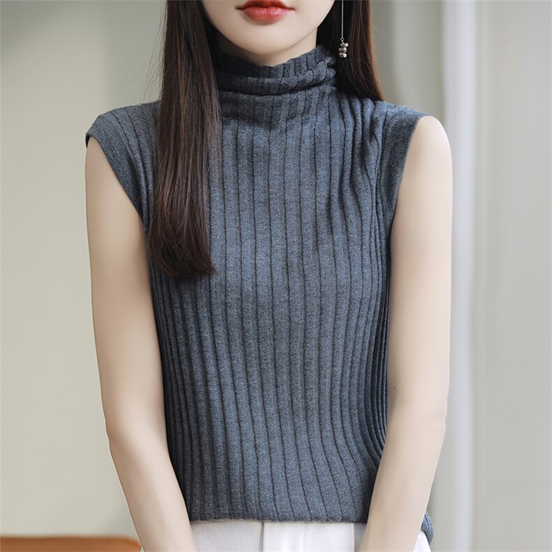 秋冬新款高领无袖背心女抽条堆领针织衫百搭显瘦打底衫，女装背心吊带，朝思羊绒