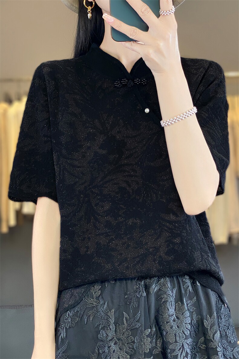 2025年夏季不连帽女士旗袍领时尚通勤百搭短袖,女装T恤,森墨