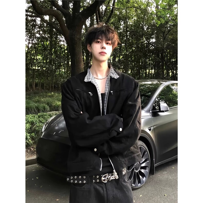美式复古格纹工装夹克男女春秋cleanfit百搭宽松立领工装外套潮流,男装夹克,四季星座505