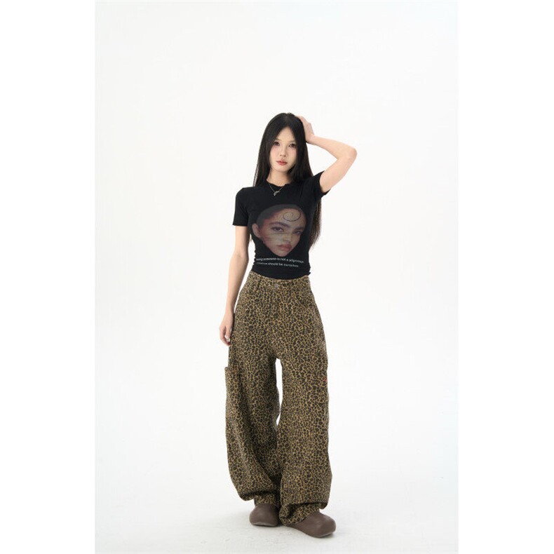 2404-P50街头豹纹牛仔裤男女直筒宽松潮牌美拉德拖地弯刀裤,女装休闲裤,电商A306A