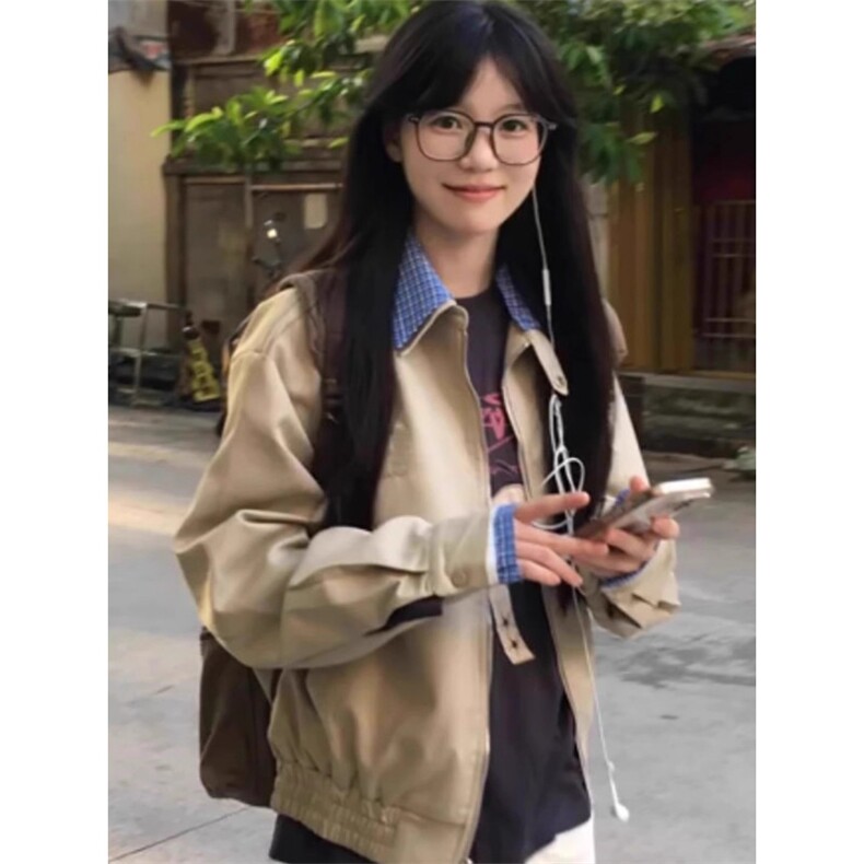 卡其色正肩卫衣外套女棒球服夹克早秋季穿搭美式宽松,男装夹克,星座506A