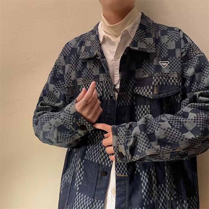 潮复古格纹拼接牛仔外套男春秋新款宽松bf风休闲夹克JD0015P65,男装夹克,星座1116-2