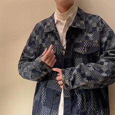 潮复古格纹拼接牛仔外套男春秋新款宽松bf风休闲夹克JD0015P65，男装夹克，星座1116-2