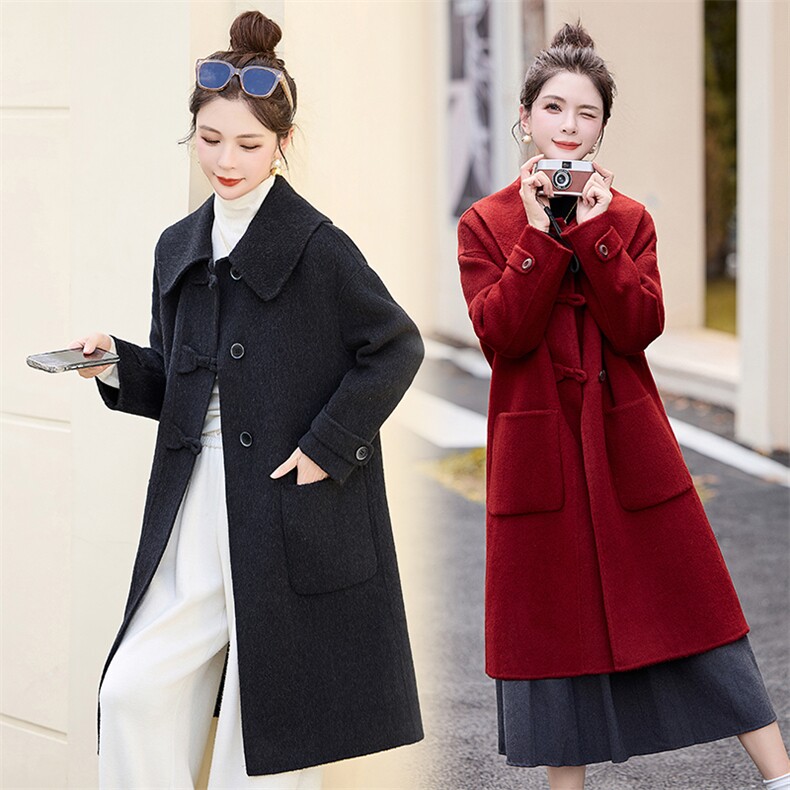 现货2024年冬季新款双面羊绒大衣长款大方领时尚外套，女装双面呢大衣，蝶眷