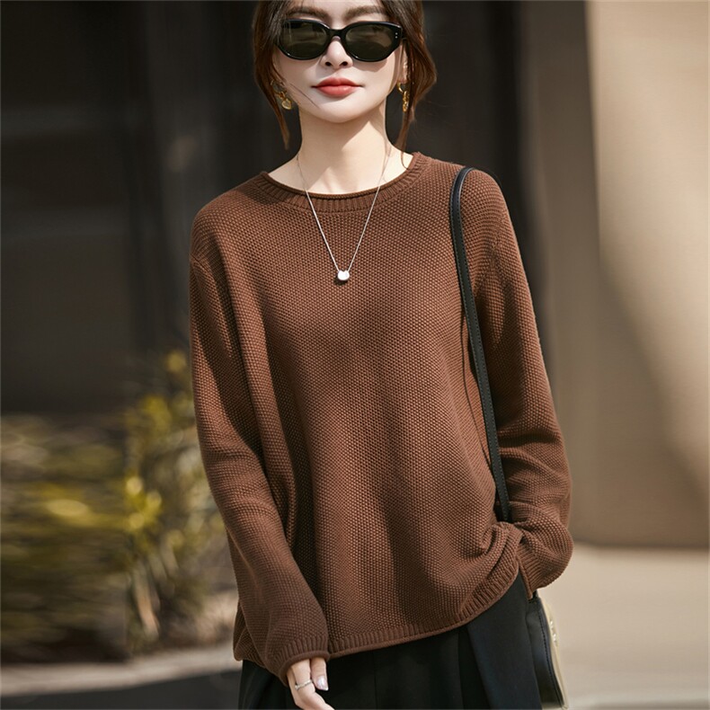 2025年秋季加厚纯色卷边圆领时尚百搭通勤简约休闲，女装针织衫/毛衣，秋虹羊绒