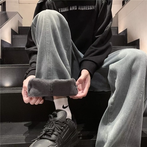 时尚加绒裤子男士潮流新款水洗耐磨加厚牛仔裤男秋冬季宽松长裤图片