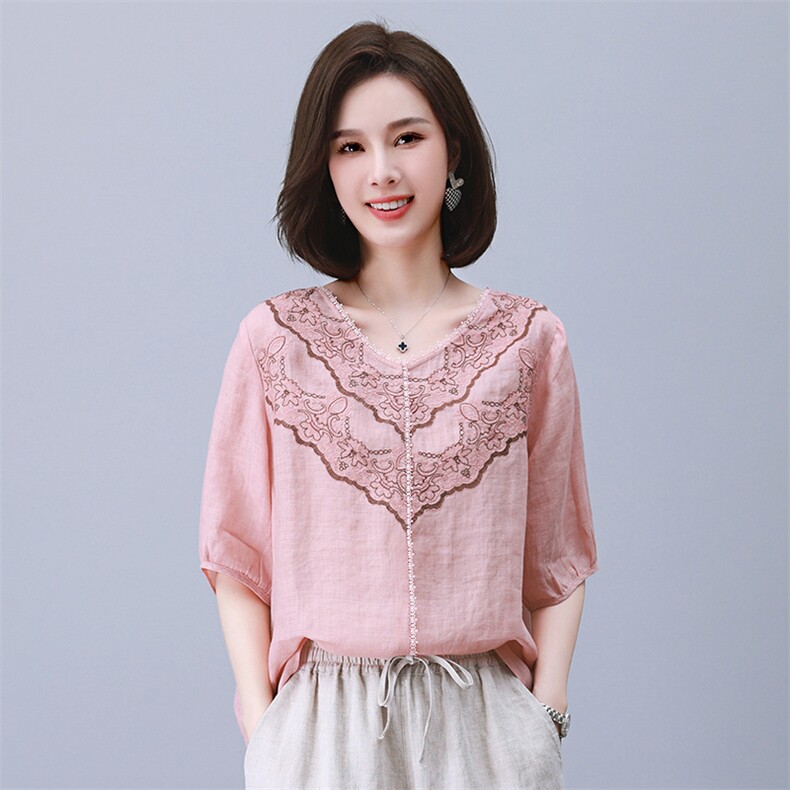 2023夏季纯苎麻刺绣简约气质宽松时尚休闲显瘦舒适上衣,女装衬衫,独衣靓