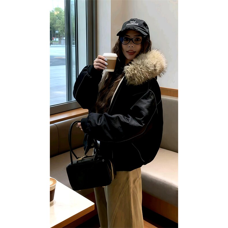 现货重磅boxy短款棉衣座山雕大毛毛领男女棉服水洗工装厚外套，男装棉衣，电商A486