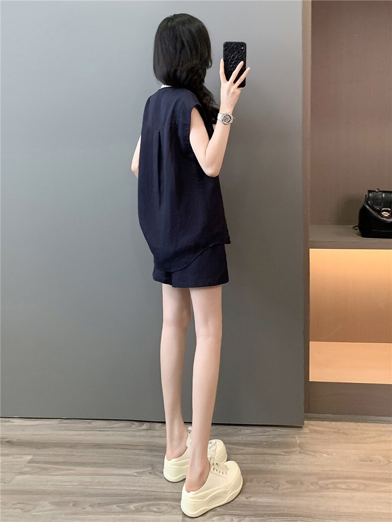 欧货高级感时尚休闲套装女夏款设计感纯色翻领刺绣上衣短裤两件套,女装套装/套裙,江南