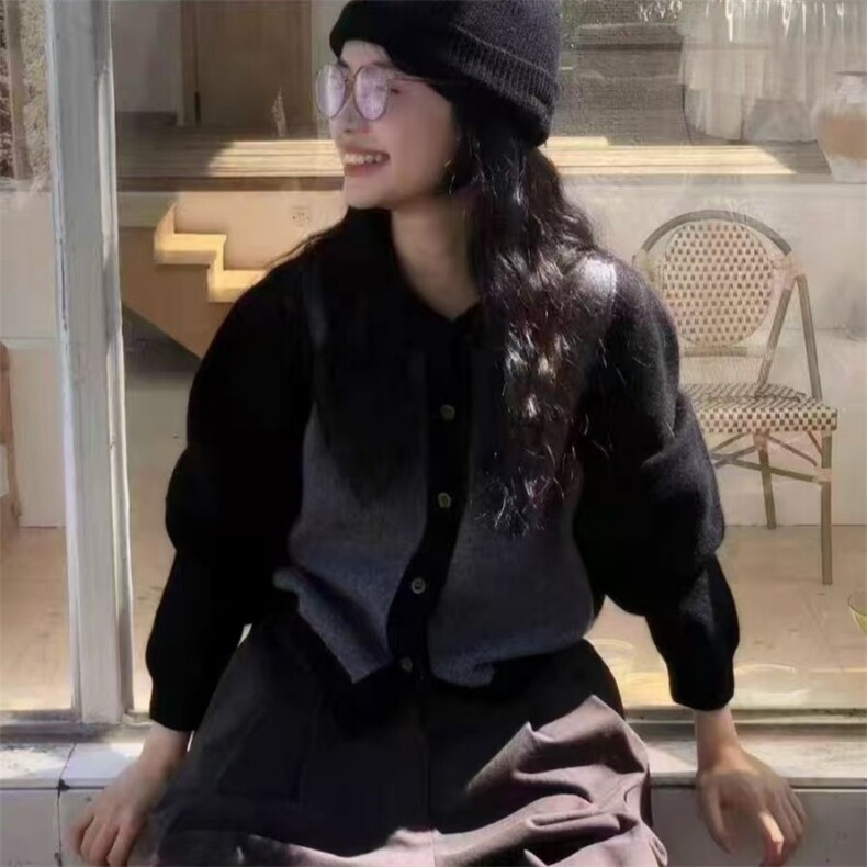 秋冬新款羊毛撞色圆领开衫简约个性显瘦保暖外套,女装羊毛衫,旭驰羊绒